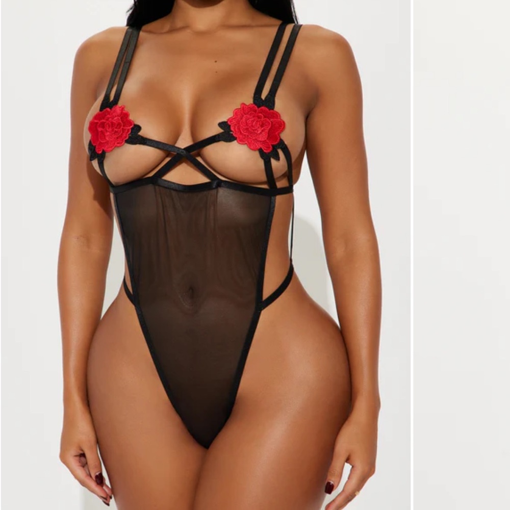 Black Sheer Bodysuit with Red Floral Accents